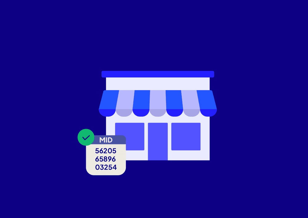 Illustration of a shop and a square showing the Merchant ID number